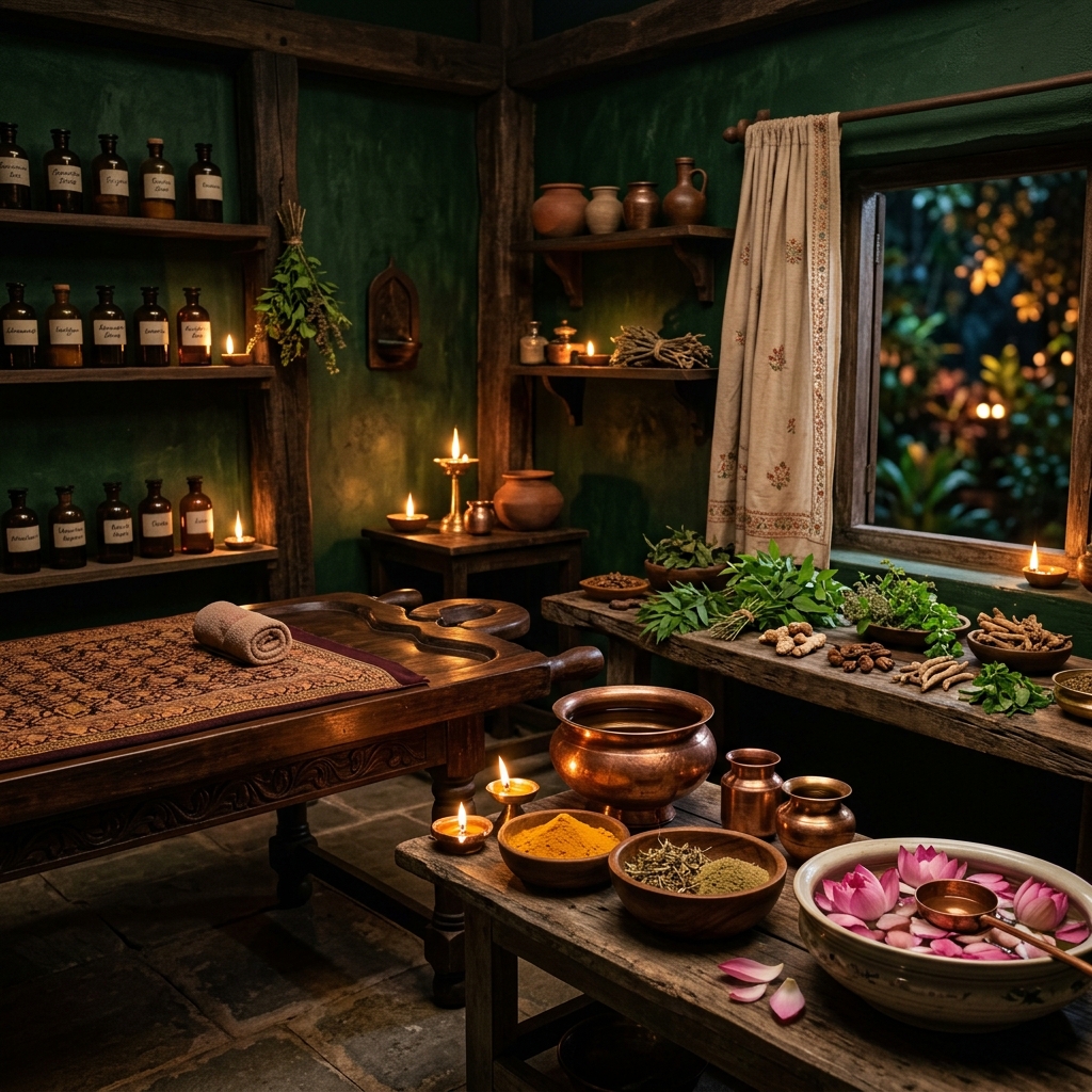 Ayurvedic therapy room with copper vessels and medicinal herbs
